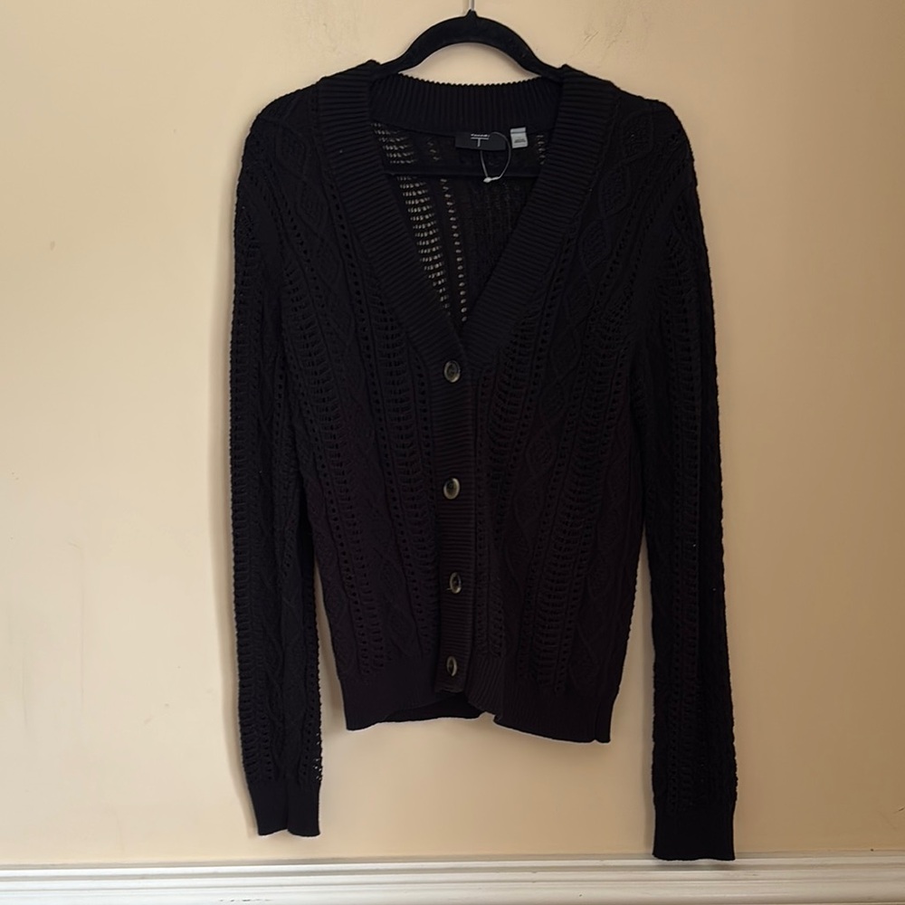 Tahari Black V-Neck Cable Knit 100% Cotton Cardigan Sweater Size Large